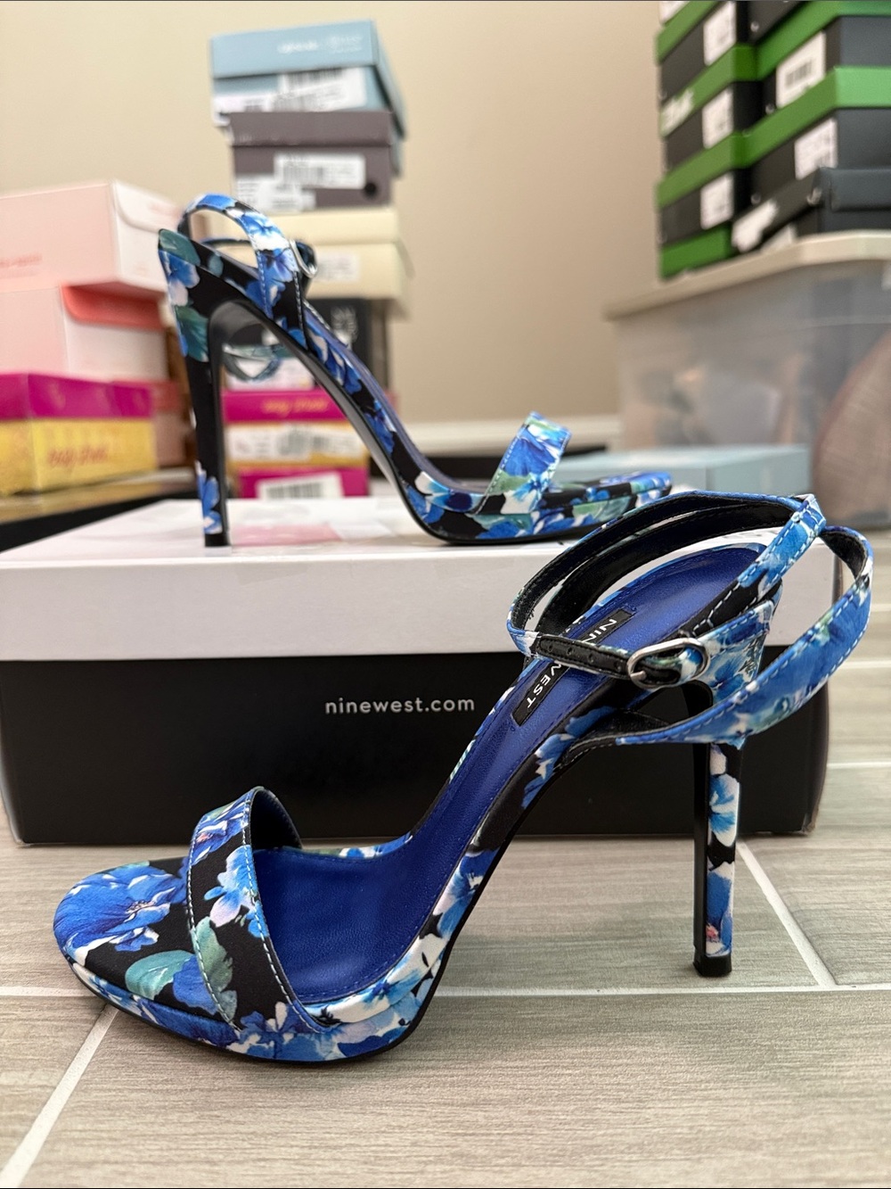 Nine West Blue Floral Loola Ankle Strap Sandals Stiletto Heels
